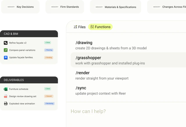 Reer's project memory (key decisions, firm standards, materials, changes across files), CAD & BIM and deliverable task lists, and slash commands such as /drawing and /render.