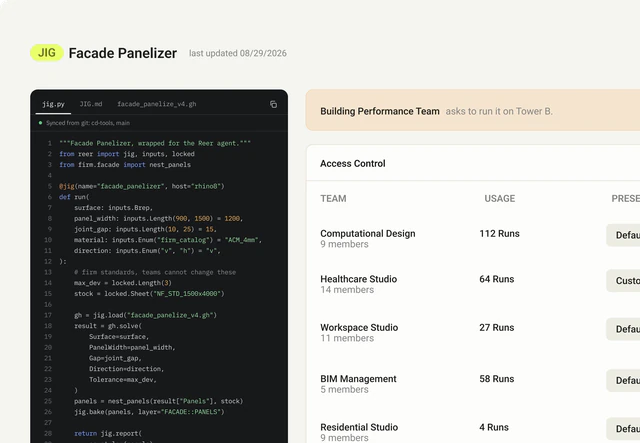 A Reer Jig, Facade Panelizer: its Python source synced from git, a request from another team to run it, and per-team access control and usage.
