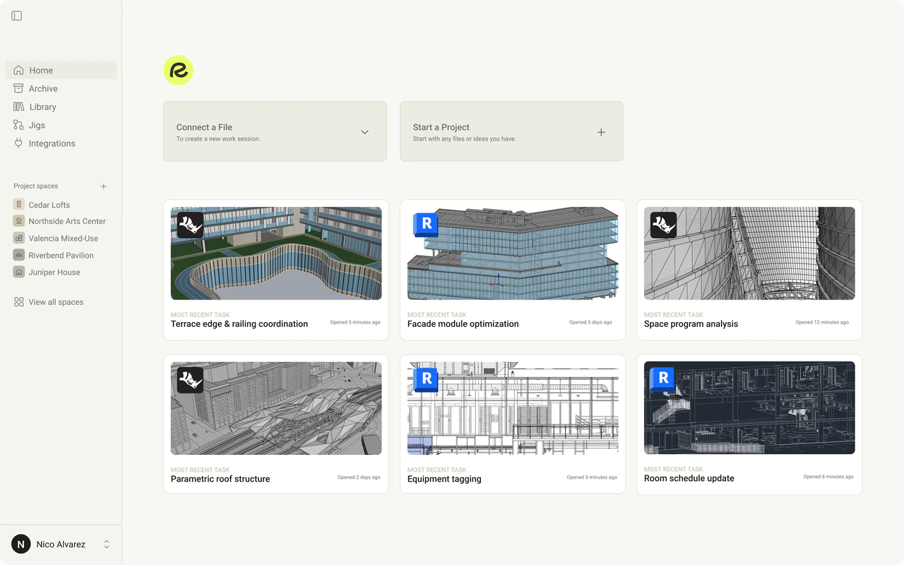 The Reer workspace listing recent tasks across Rhino and Revit files.