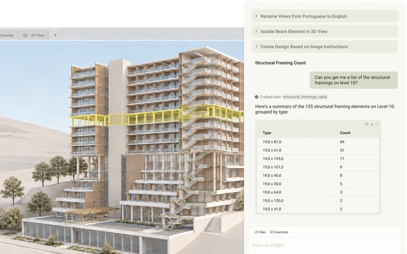 Reer in a Revit 3D view: the agent highlights the level 10 structural framing and answers in chat with a count of the 155 elements by type.